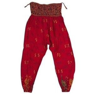 Red Peacock Print Smocked Waist Harem Pants Boho Hippie Genie Joggers Womens